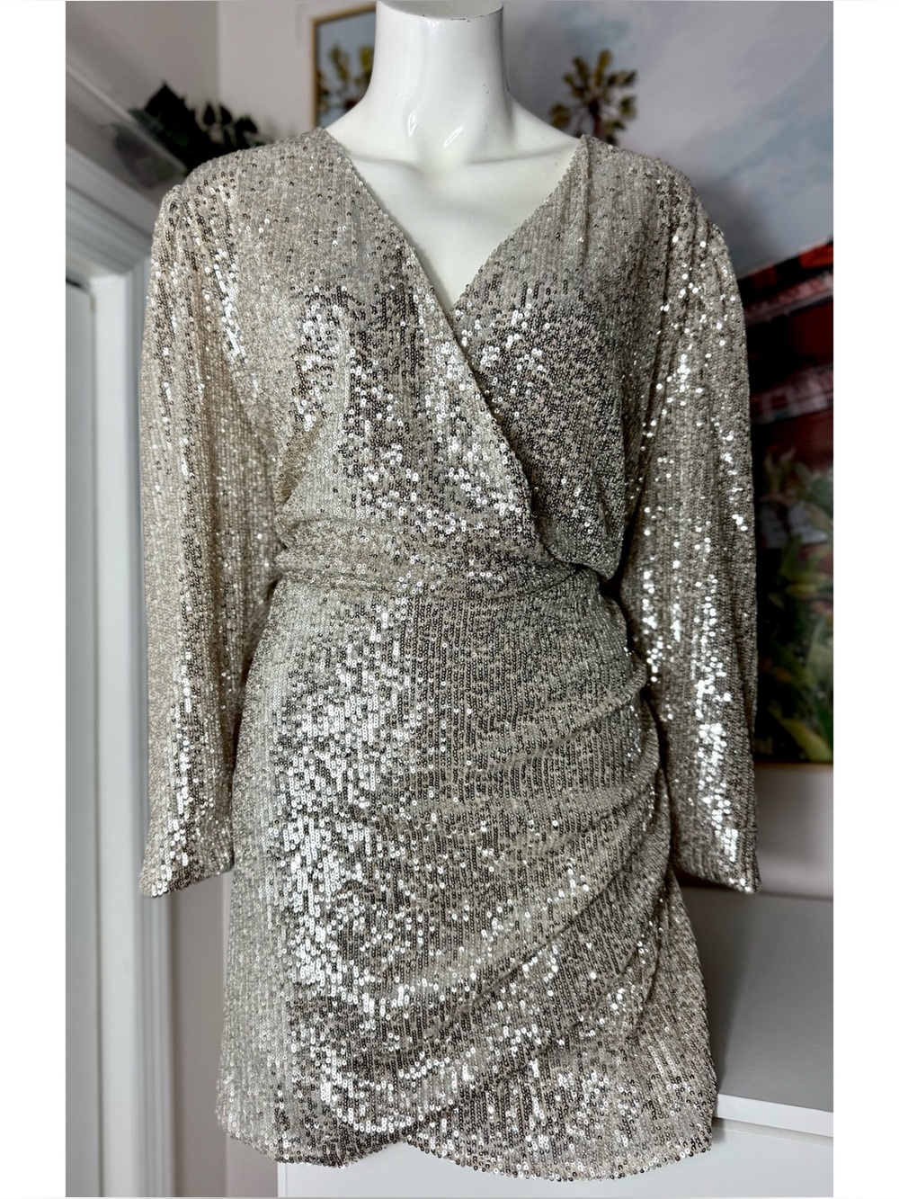 H&M Silver Sequin Romper Dress Illusion Wrap Skirt V Neck Size XL Party